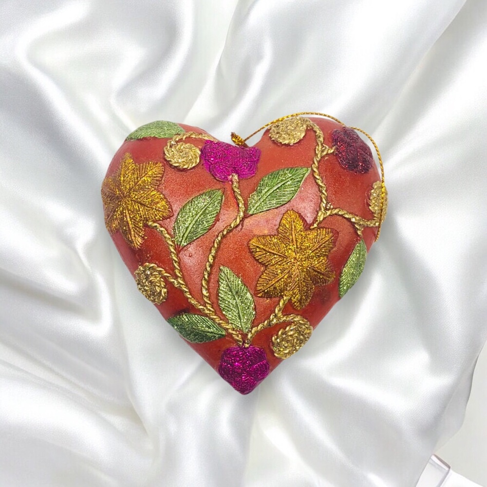 VTG Orange Red Heart Gold Glittery Christmas Ornament Filigree Floral love gift